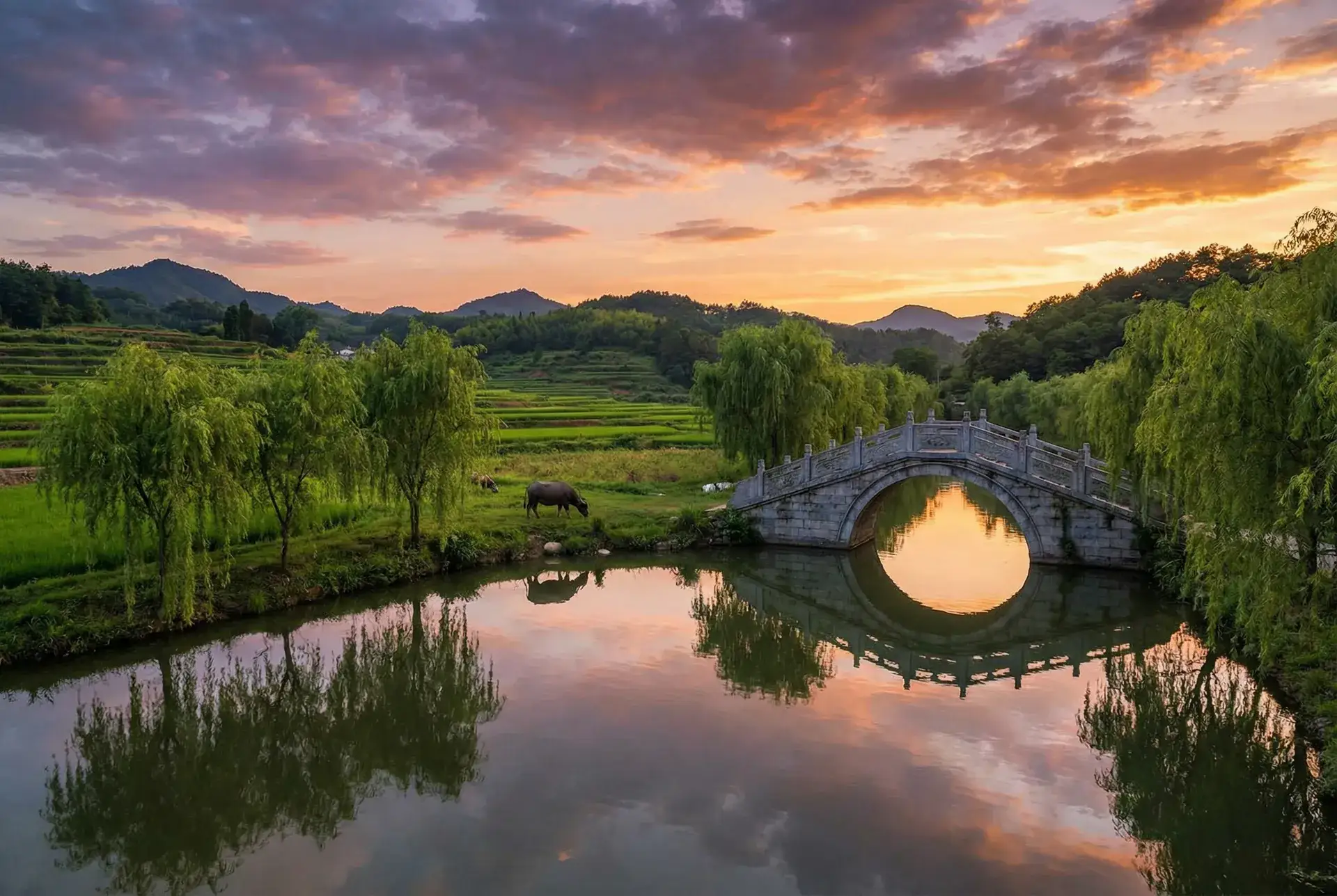 夕阳下的石拱桥与垂柳，水牛在河边吃草 - lutube娜娜 乡村美景